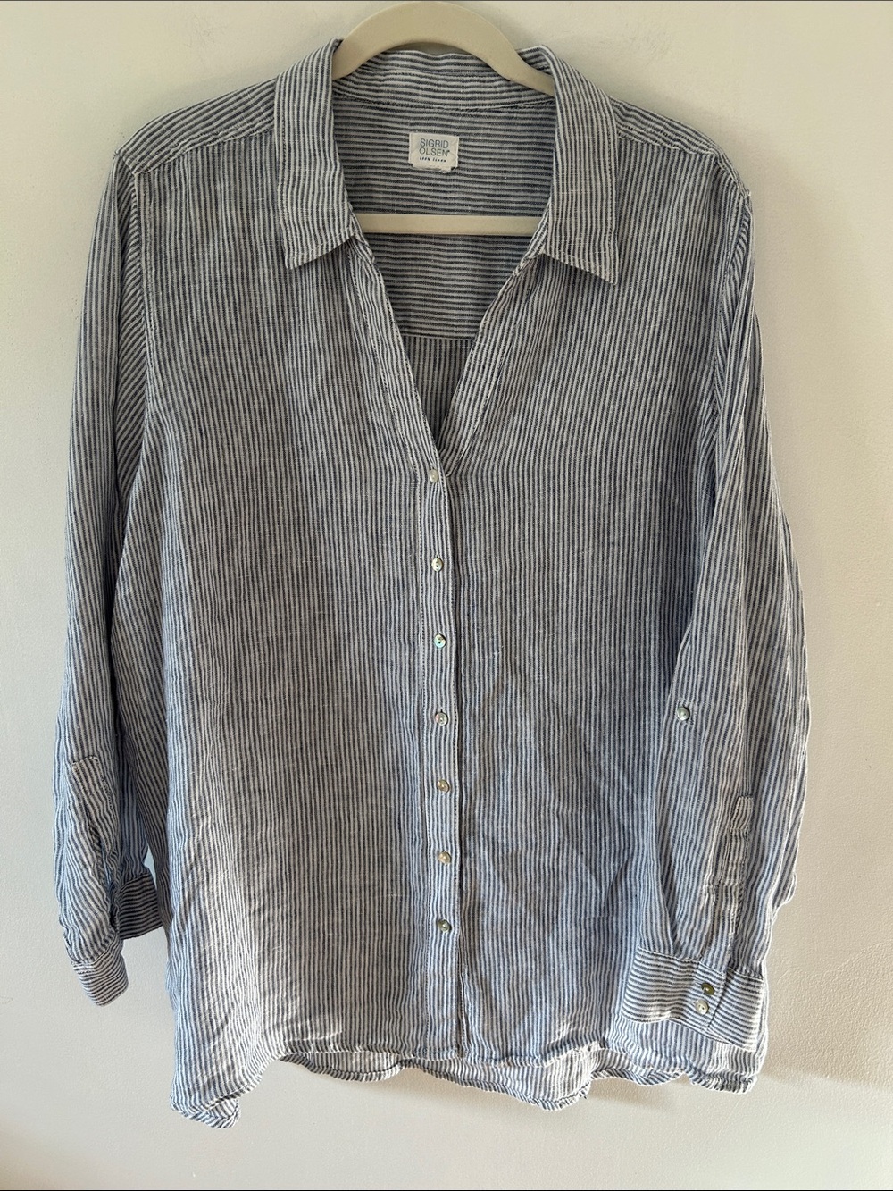Sigrid Olsen Striped Linen Tunic Top Blue/White Button Coastal Relaxed Shirt